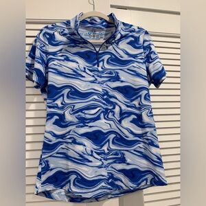 IBKUL Blue and White Marble-Print Short Sleeve Polo